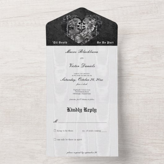Gothic Zwart & Wit Skelet Paar Geen Diner All In One Uitnodiging (Binnen)