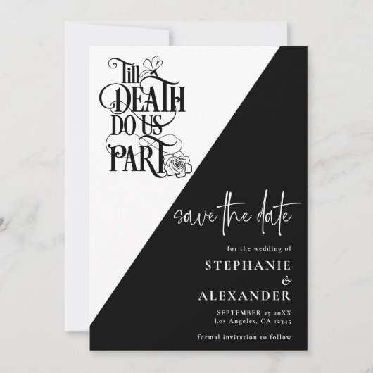 Gothic zwart wit tot de dood ons deel bruiloft save the date (Voorkant)