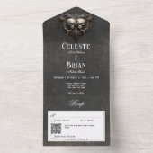 Gothic Zwart & Witte Schedels & Hart QR Code All In One Uitnodiging (Binnen)
