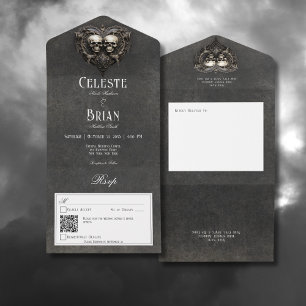 Gothic Zwart & Witte Schedels & Hart QR Code All In One Uitnodiging