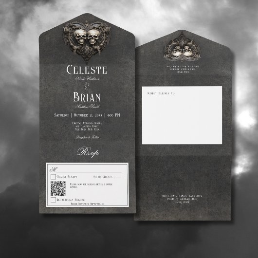 Gothic Zwart & Witte Schedels & Hart QR Code All In One Uitnodiging