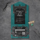 Gothic zwarte boog & zwarte Rozen Blauwgroen QR-co All In One Uitnodiging
