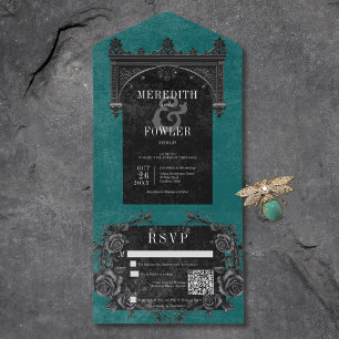 Gothic zwarte boog & zwarte Rozen Blauwgroen QR-co All In One Uitnodiging