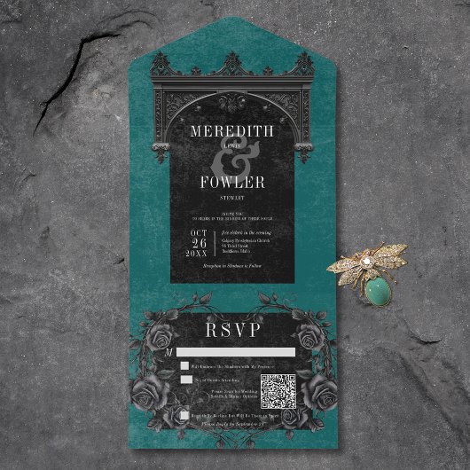 Gothic zwarte boog & zwarte Rozen Blauwgroen QR-co All In One Uitnodiging