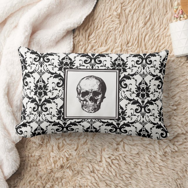 Gothic Zwarte Damast Patroon Schedel Halloween Kussen (Deken)