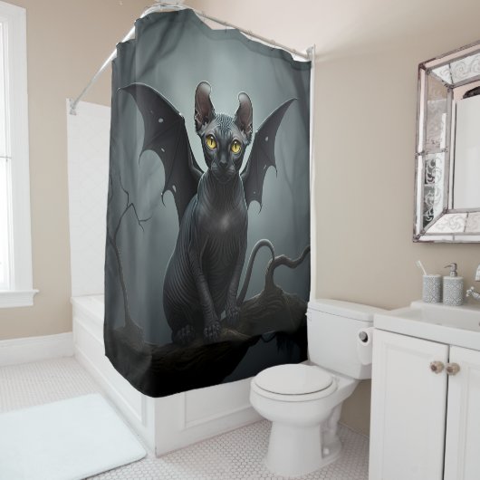 Gothic Zwarte Elf Sphynx Cat Art Bat Wings Badkame Douchegordijn (In situ)