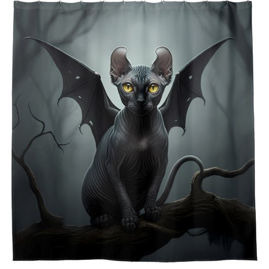 Gothic Zwarte Elf Sphynx Cat Art Bat Wings Badkame Douchegordijn (Voorkant)