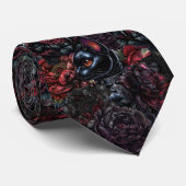 Gothic Zwarte Kat & Donkere Bloemen Patroon Stropdas (Opgerold)