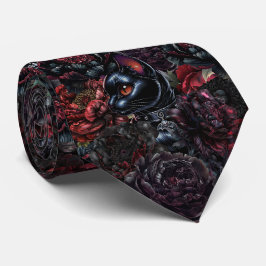 Gothic Zwarte Kat & Donkere Bloemen Patroon  Stropdas