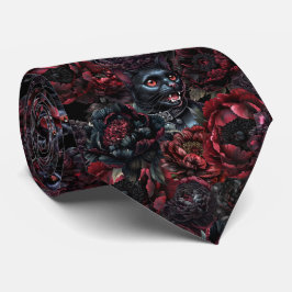 Gothic Zwarte Kat & Donkere Bloemen Patroon Stropdas
