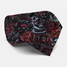 Gothic Zwarte Kat & Donkere Bloemen Patroon  Stropdas