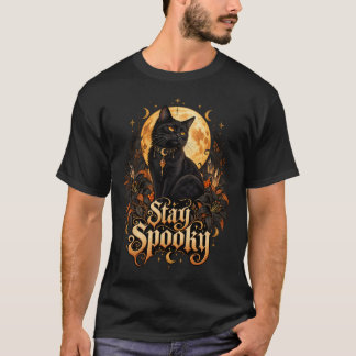 Gothic Zwarte Kat Gouden Maan Blijf Griezelig Heme T-shirt