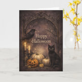 Gothic Zwarte Kat Halloween Kaart (Gele Bloem)