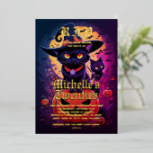 Gothic zwarte kat heks Halloween verjaardag Folie Uitnodiging (Staand Voorkant)