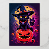Gothic zwarte kat heks Halloween verjaardag Folie Uitnodiging (Achterkant)