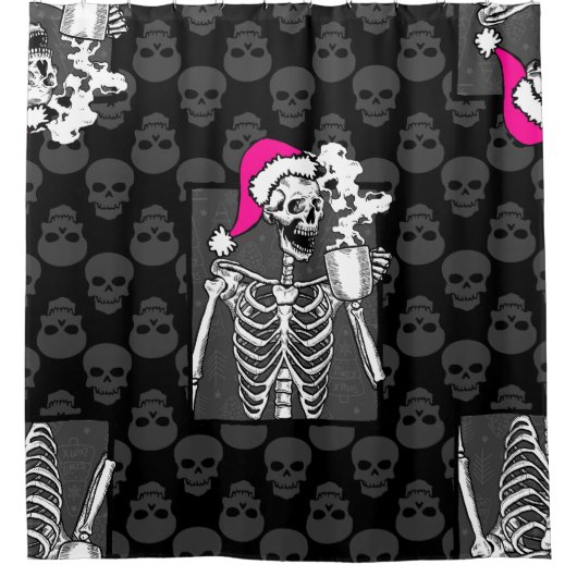 gothic zwarte kerst schedel koffie skelet roze douchegordijn (Voorkant)