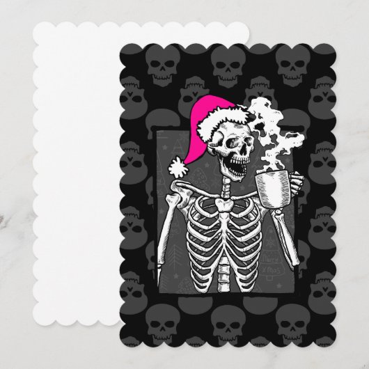 gothic zwarte kerst schedel koffie skelet roze kaart (Voorkant / Achterkant)
