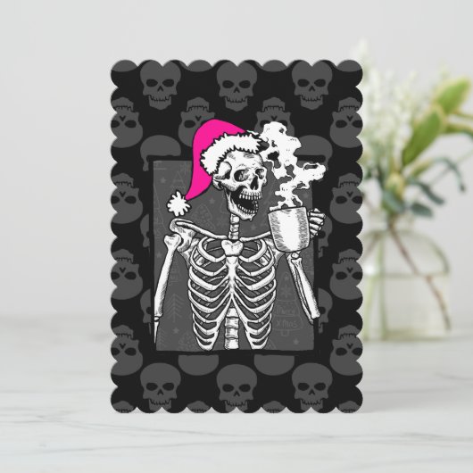 gothic zwarte kerst schedel koffie skelet roze kaart (Staand voorkant)