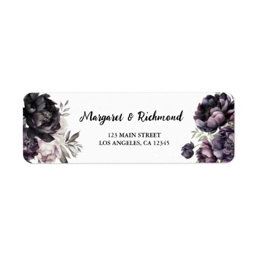 Gothic zwarte pioenen bloemenbruiloft retouradres etiket (Voorkant)