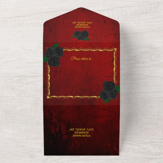 Gothic zwarte Rozen bloedrode bruiloft All In One Uitnodiging (Buitenkant)