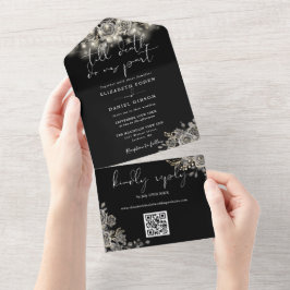 Gothic Zwarte Rozen Slingerlichten QR Code Trouwen All In One Uitnodiging