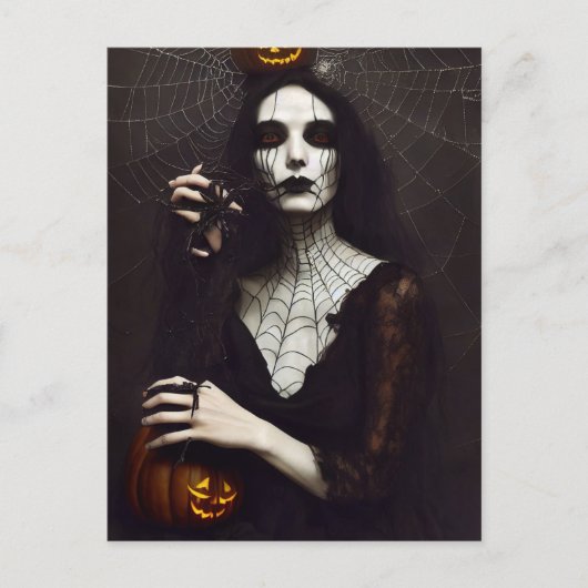Gothik Hexe mit Spinneweben und Kürbis. Halloween Briefkaart (Voorkant)