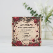 Gothique Save the Date sjabloon met schedel en roz (Staand voorkant)