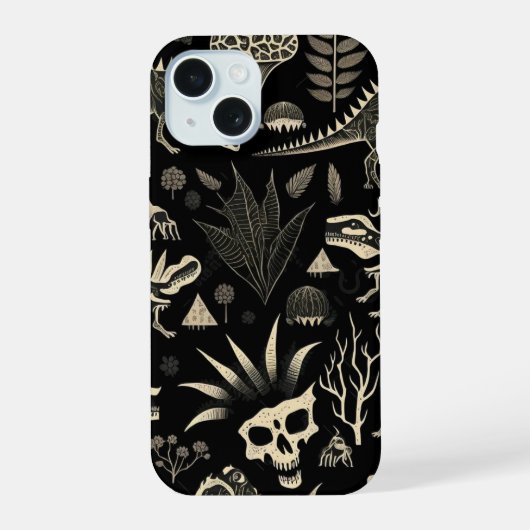 Gothisch dinosaurus skelet graveerpatroon iPhone 15 case (Achterkant)