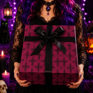 Gothisch Kruis Magenta Roze Spinnenweb Patroon Cadeaupapier