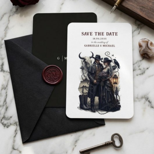 Gothisch Paar Donkere Westerse Trouwdatum Save The Date