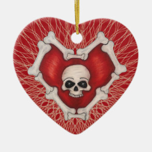 Gothisch rood hart rondcirkeld met Botten schedels Keramisch Ornament