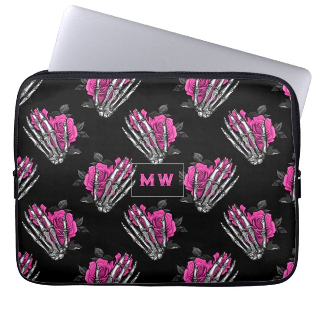  gothisch roze rozen skeletmonogram laptop sleeve (Voorkant)