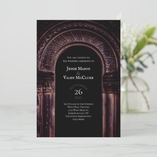 Gothische Arch Elegant Wedding Donker Zwart Kaart (Staand voorkant)