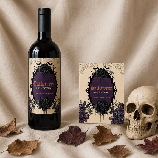 Gothische bloem Halloween met aangepaste naam Wijn Etiket