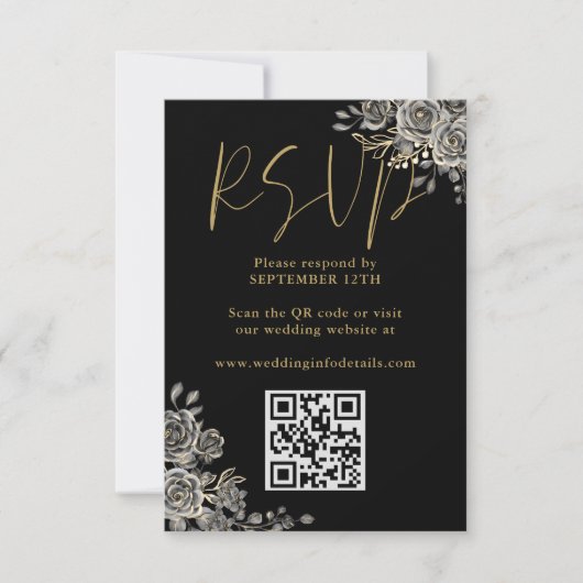 Gothische bloemenrozen Zwart en goud trouw QR-code RSVP Kaartje (Voorkant)