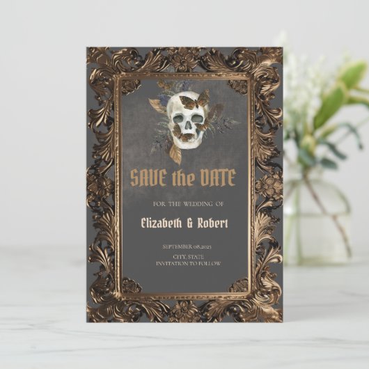 Gothische bloemenschedel antieke lijst save the da date (Staand voorkant)