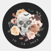 Gothische bloemige waterverf schedel herfst bruilo ronde sticker (Voorkant)