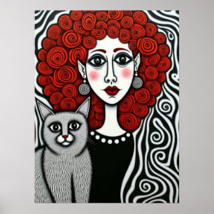 Gothische dame en kat spiraal haar rood zwart wit poster
