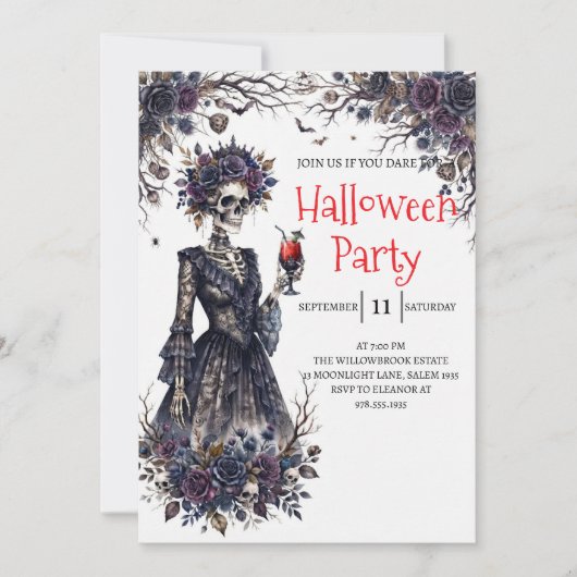 Gothische dame skelet Halloween-feest uitnodiging (Voorkant)