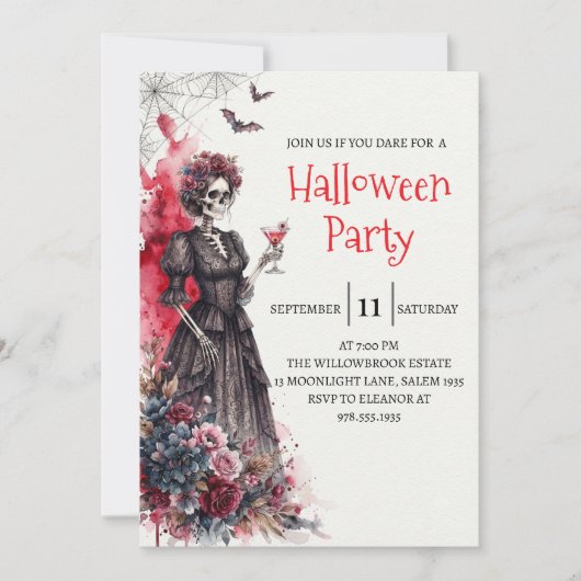 Gothische dame skelet Halloween-feest uitnodiging (Voorkant)