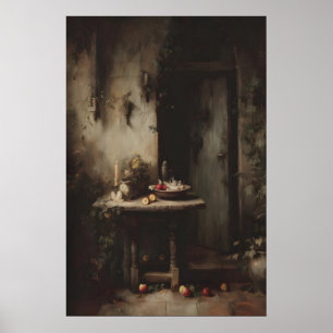 Gothische eetkamer wandkunst, kaarsverlichte keuke poster