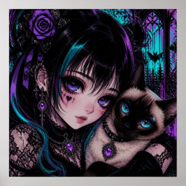 Gothische Emo Anime Meisje & Kat Poster