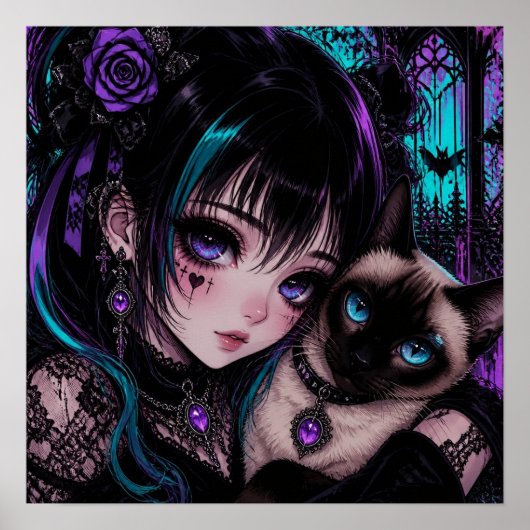 Gothische Emo Anime Meisje & Kat Poster (Voorkant)