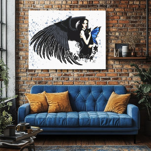 Gothische engelenvleugels Zwarte Kat Blauwe Fee Canvas Afdruk