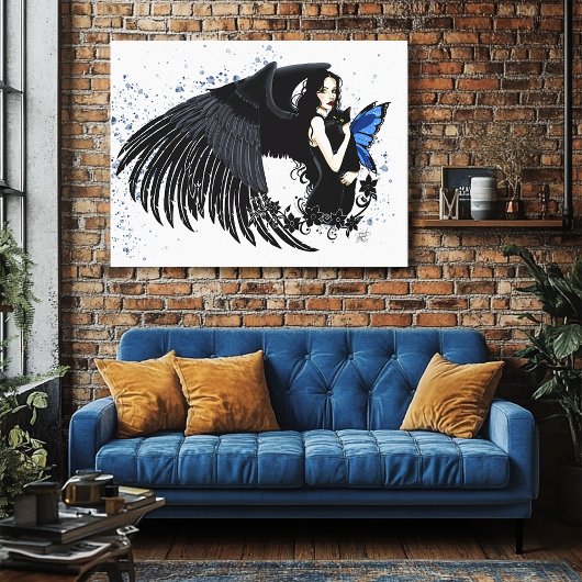 Gothische engelenvleugels Zwarte Kat Blauwe Fee Canvas Afdruk