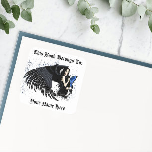 Gothische engelenvleugels Zwarte Kat Blauwe Fee Vierkante Sticker