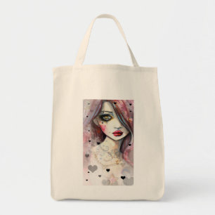 Gothische Fantasy Kunst Meisje met Harten Tote Bag