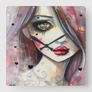Gothische Fantasy Kunst Meisje met Harten Vierkante Klok