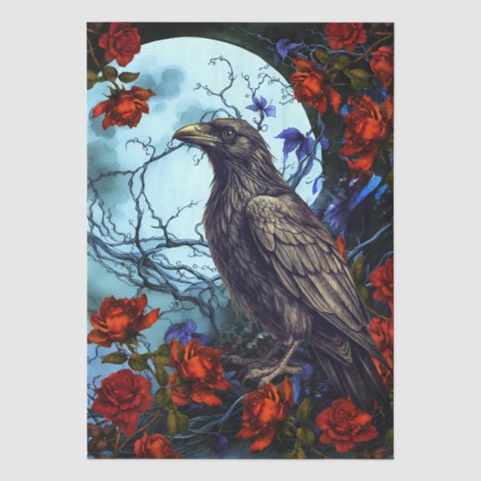 Gothische Fantasy Maan, Raaf & Rode Rozen Decoupag Tissuepapier (Voorkant)