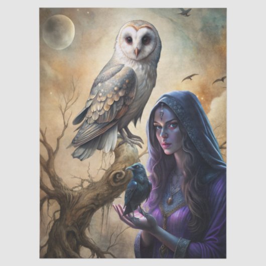 Gothische Fantasy Tarotlezer Witte Uil & Raaf Tissuepapier (Voorkant)